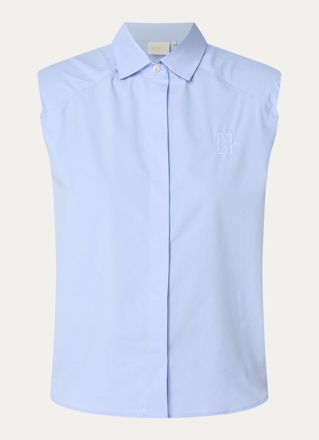 JOSH V Susie mouwloze blouse met schoudervulling en logoborduring - voorkant lichtblauw
