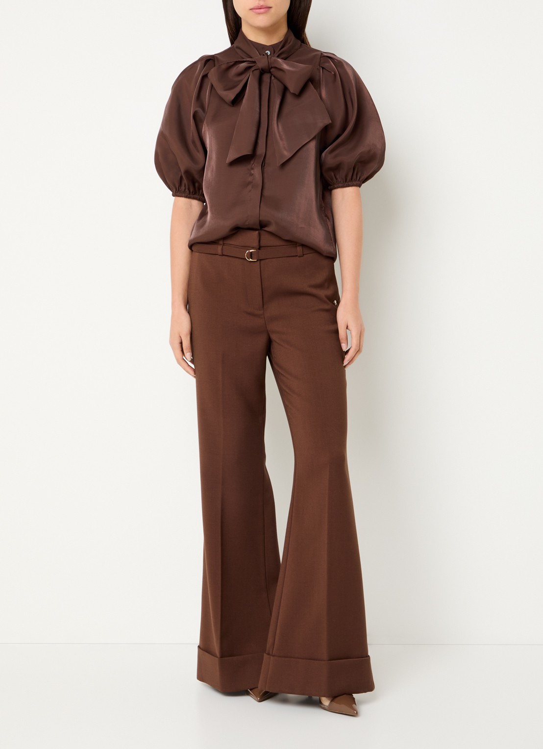 JOSH V Sylvia blouse met pofmouw en sjaalkraag - voorkant 4 donkerbruin