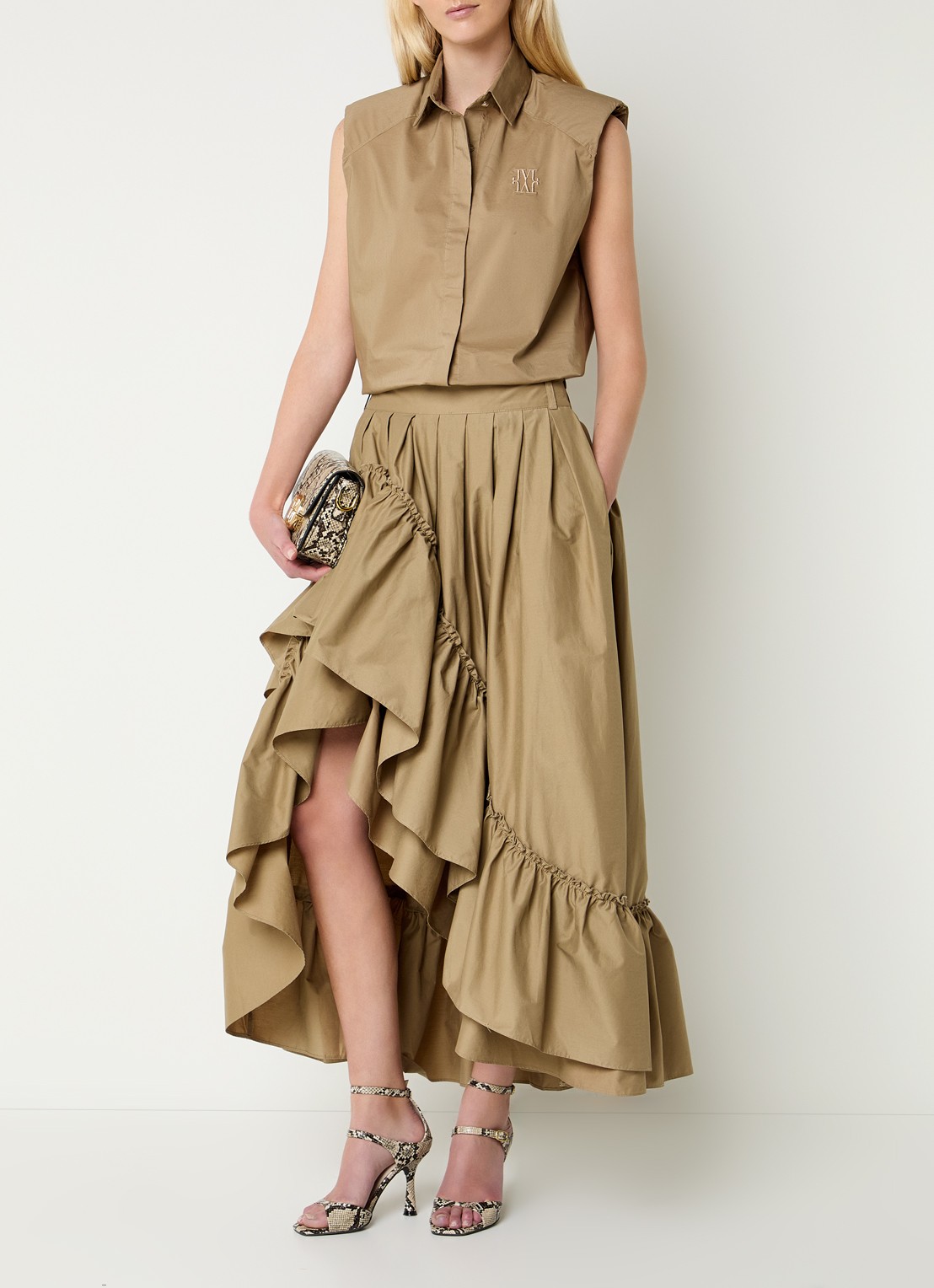 JOSH V Tarrant maxi rok met steekzakken - voorkant 2 khaki