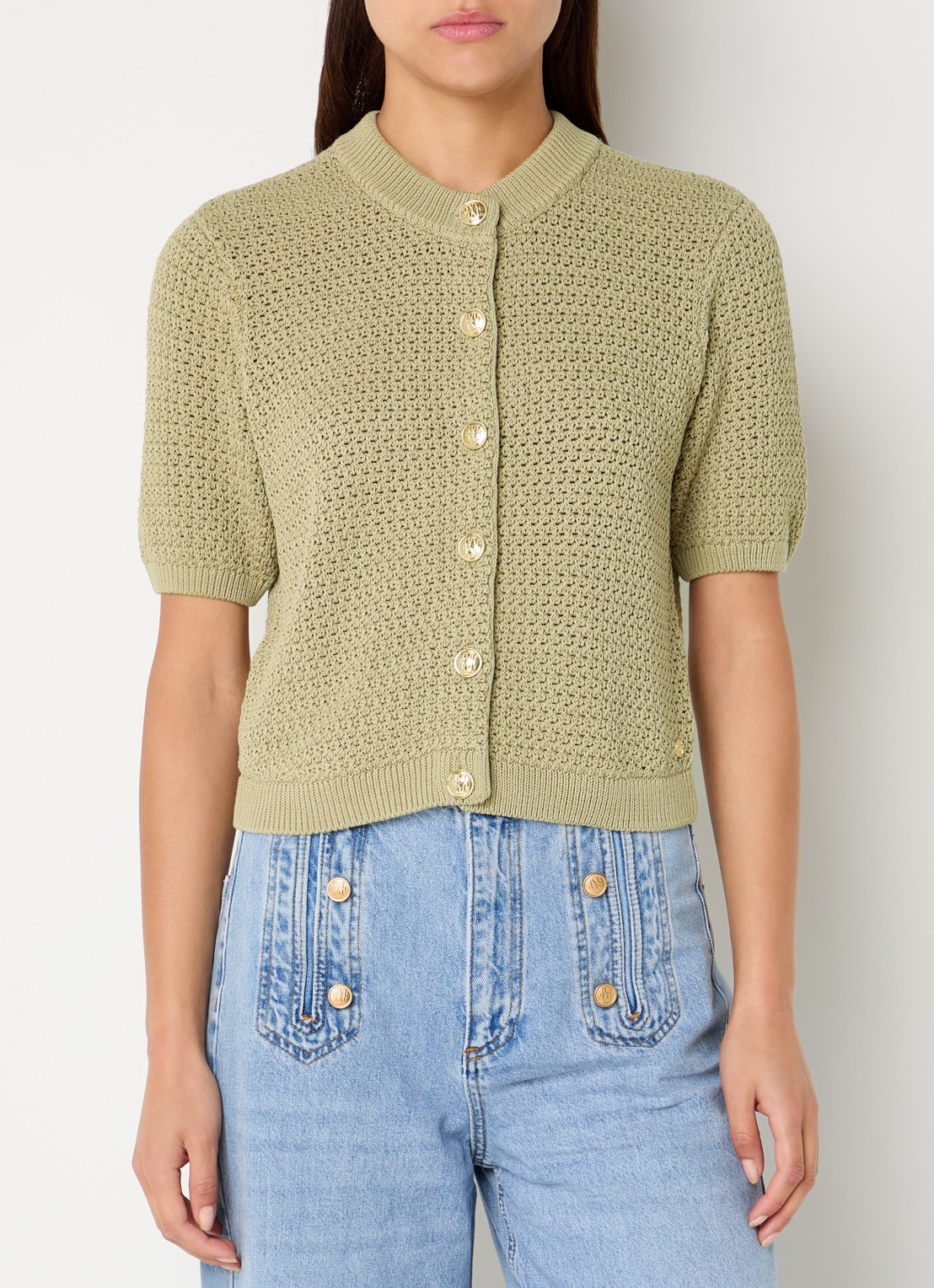 JOSH V Ylia grofgebreid vest - detail mosgroen