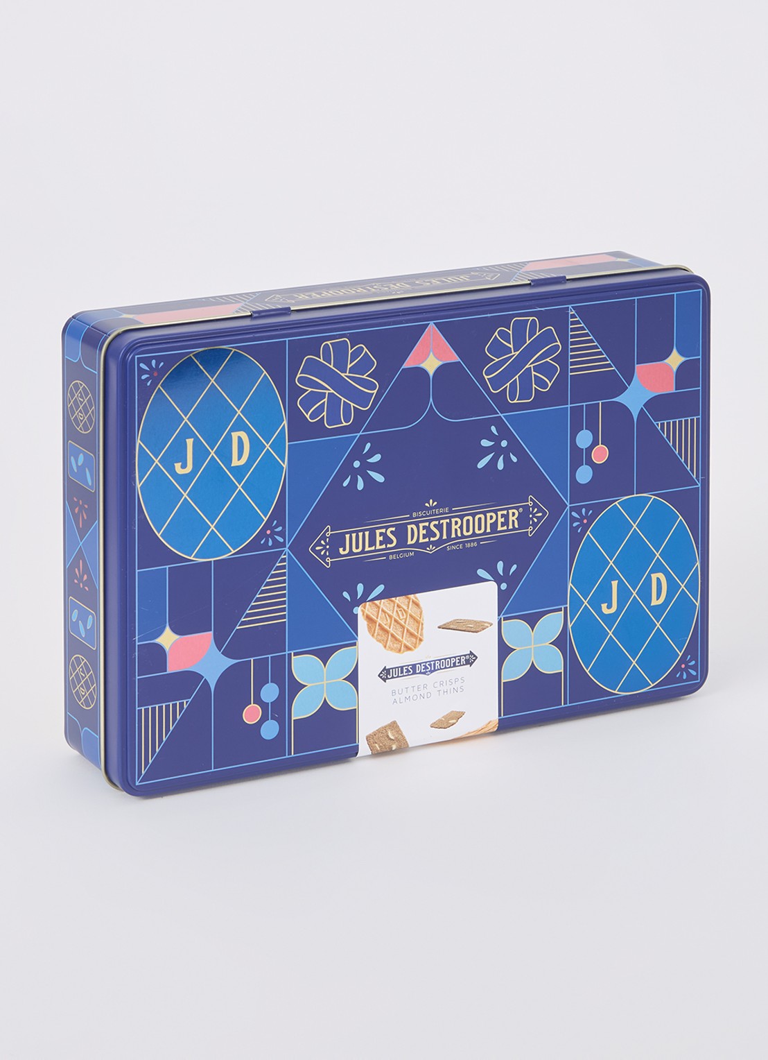 Jules Destrooper Jules amandelbrood en natuurboterwafels in geschenkblik 350 gram - voorkant 2 royalblauw