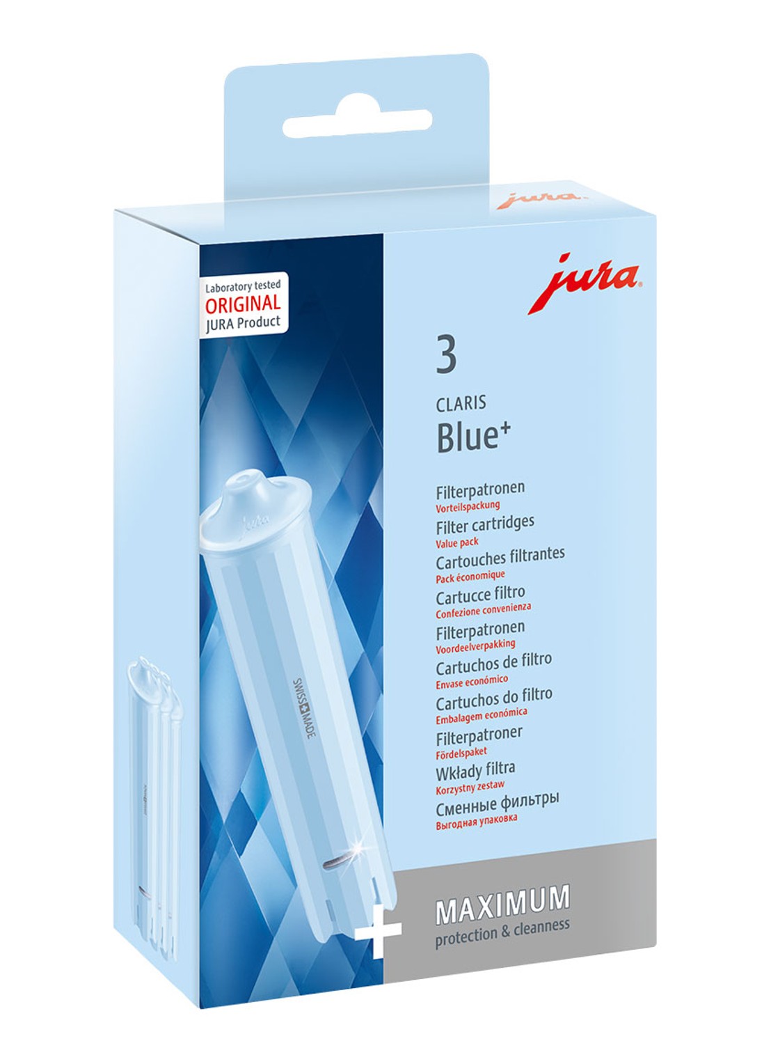 JURA CLARIS Blue filterpatroon - waterfilter set van 3 - voorkant blauw