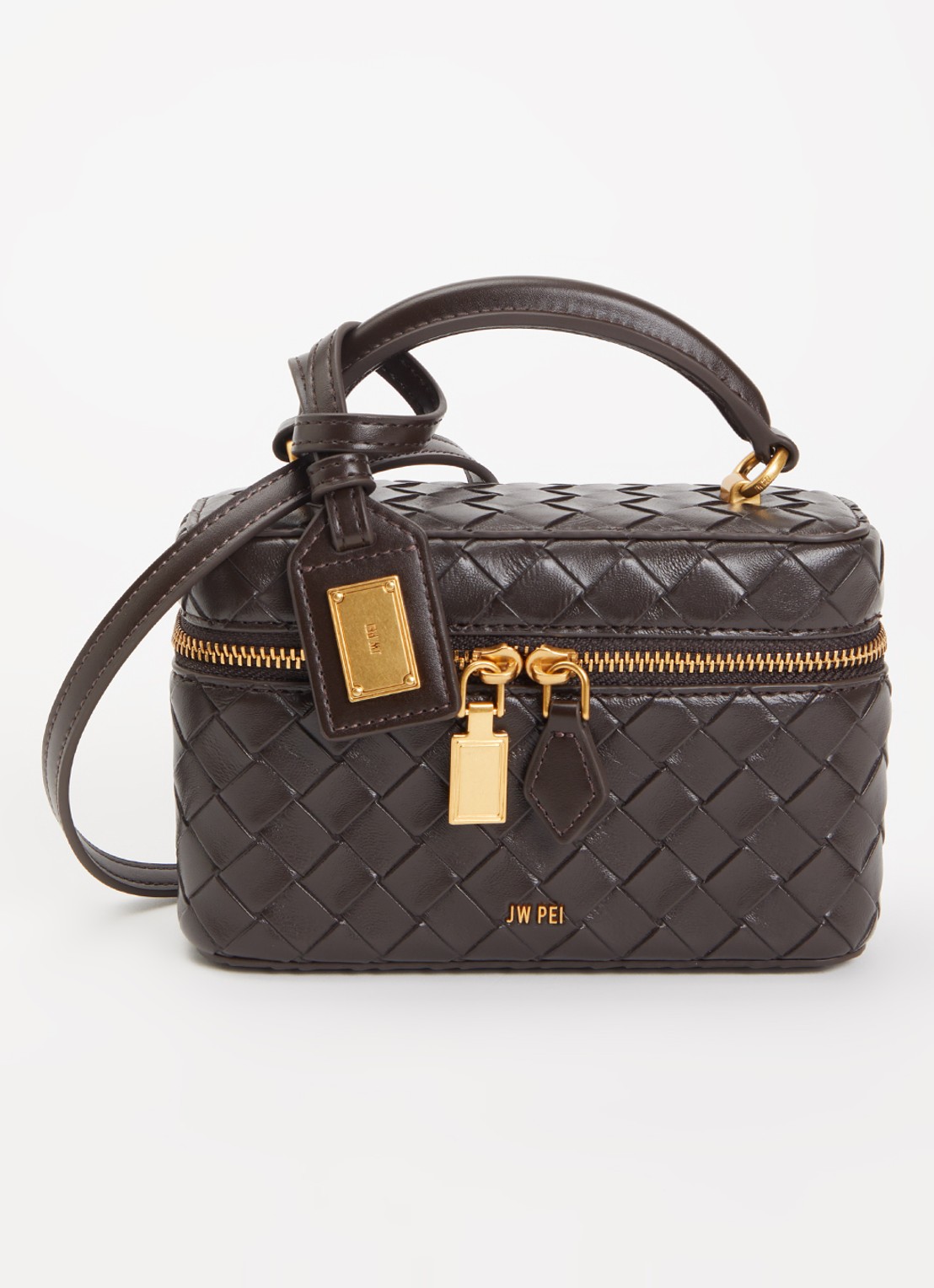 JW PEI Cleo Woven Box handtas met afneembare schouderriem - voorkant donkerbruin