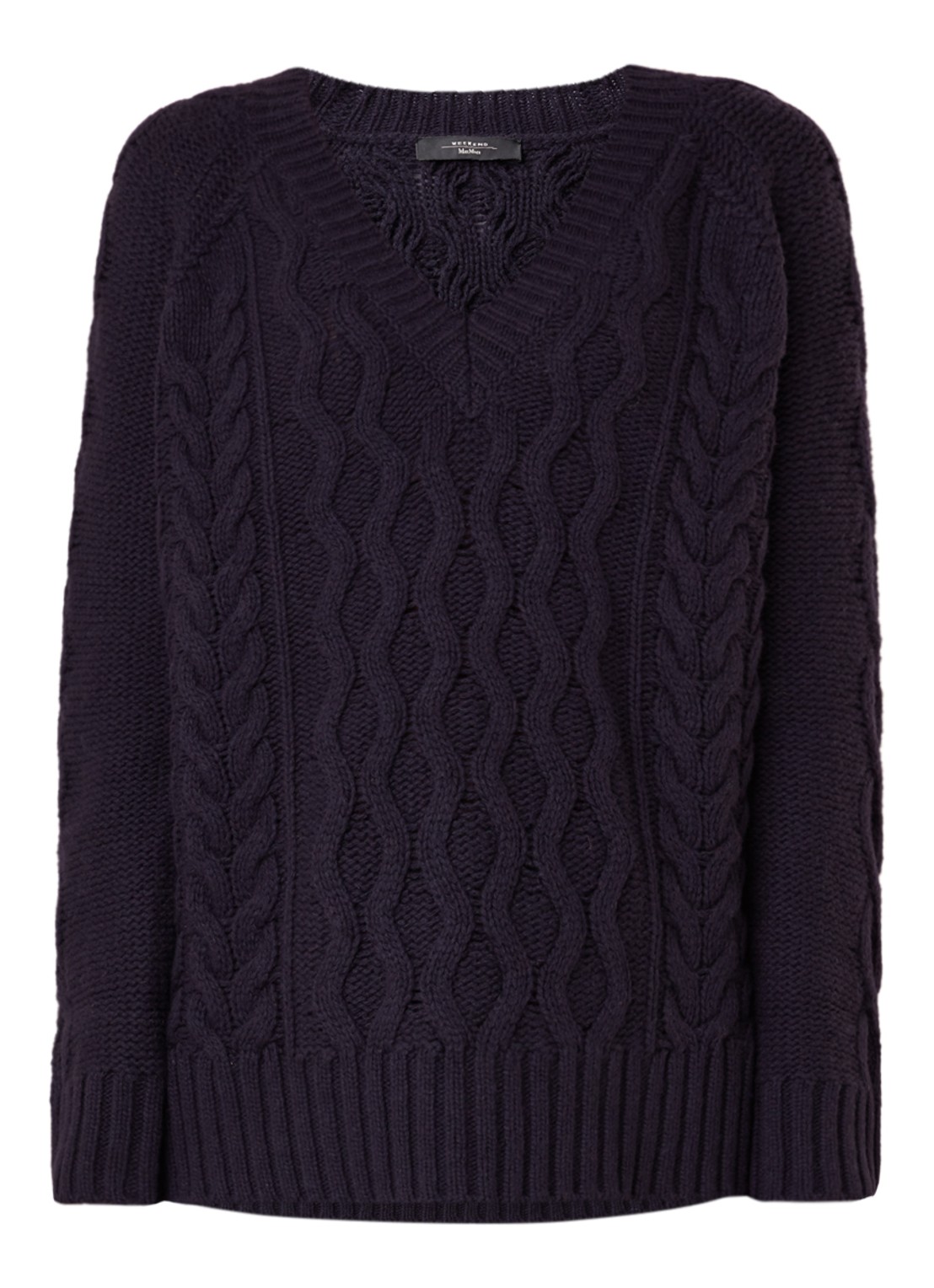 Kabelgebreide pullover van wol met V-hals - voorkant 2 donkerblauw
