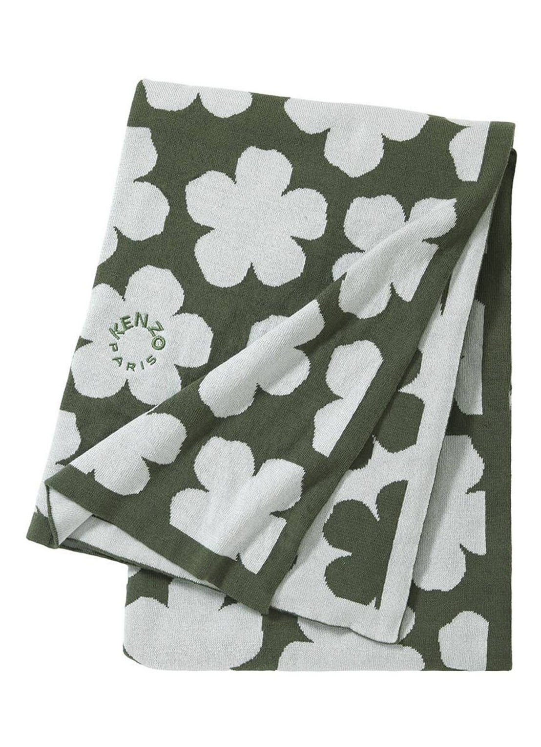 KENZO K Hanadot plaid met bloemenprint 130 x 170 cm - voorkant khaki