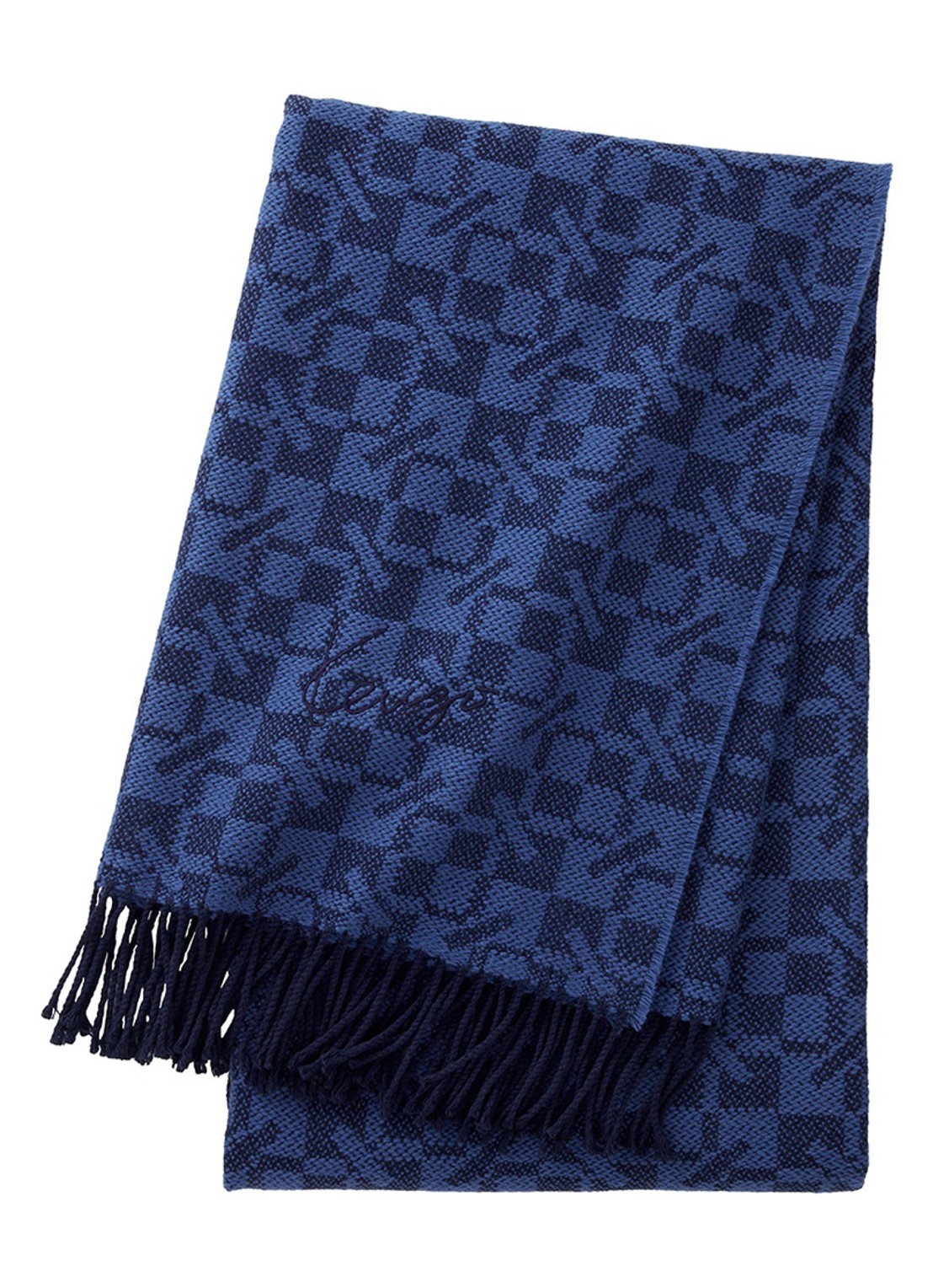 KENZO K Monogram plaid in wolblend 130 x 170 cm - voorkant donkerblauw