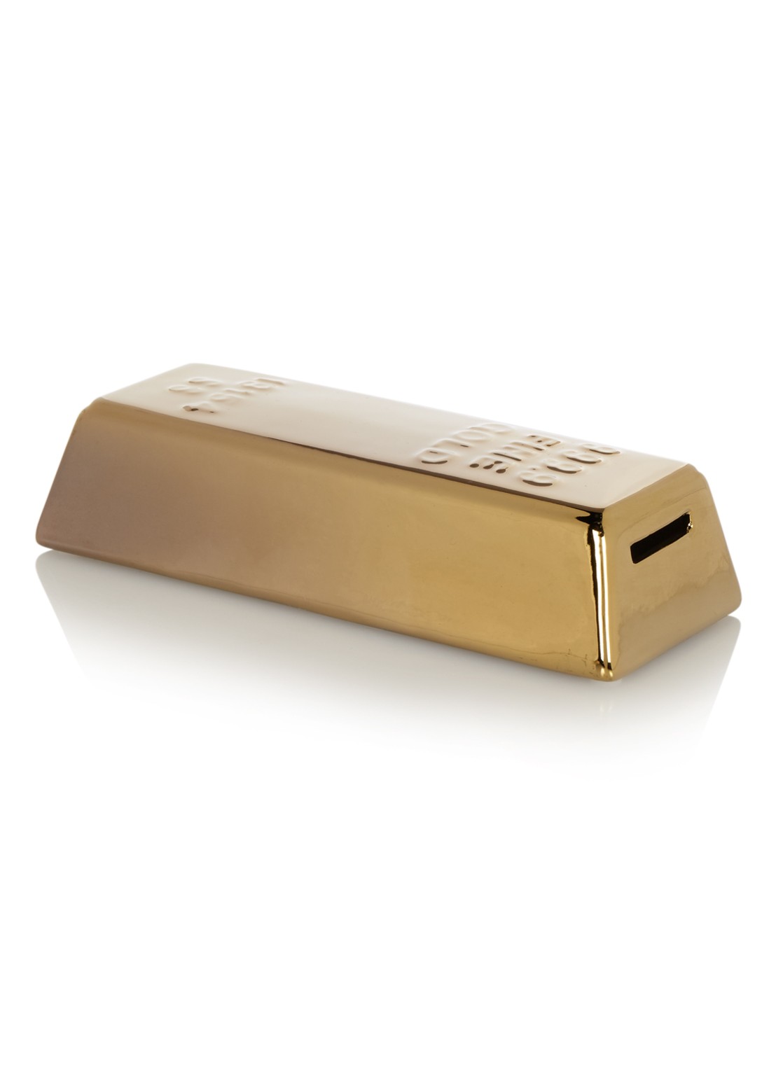 Kikkerland Goudstaaf spaarpot 19 cm - voorkant goud