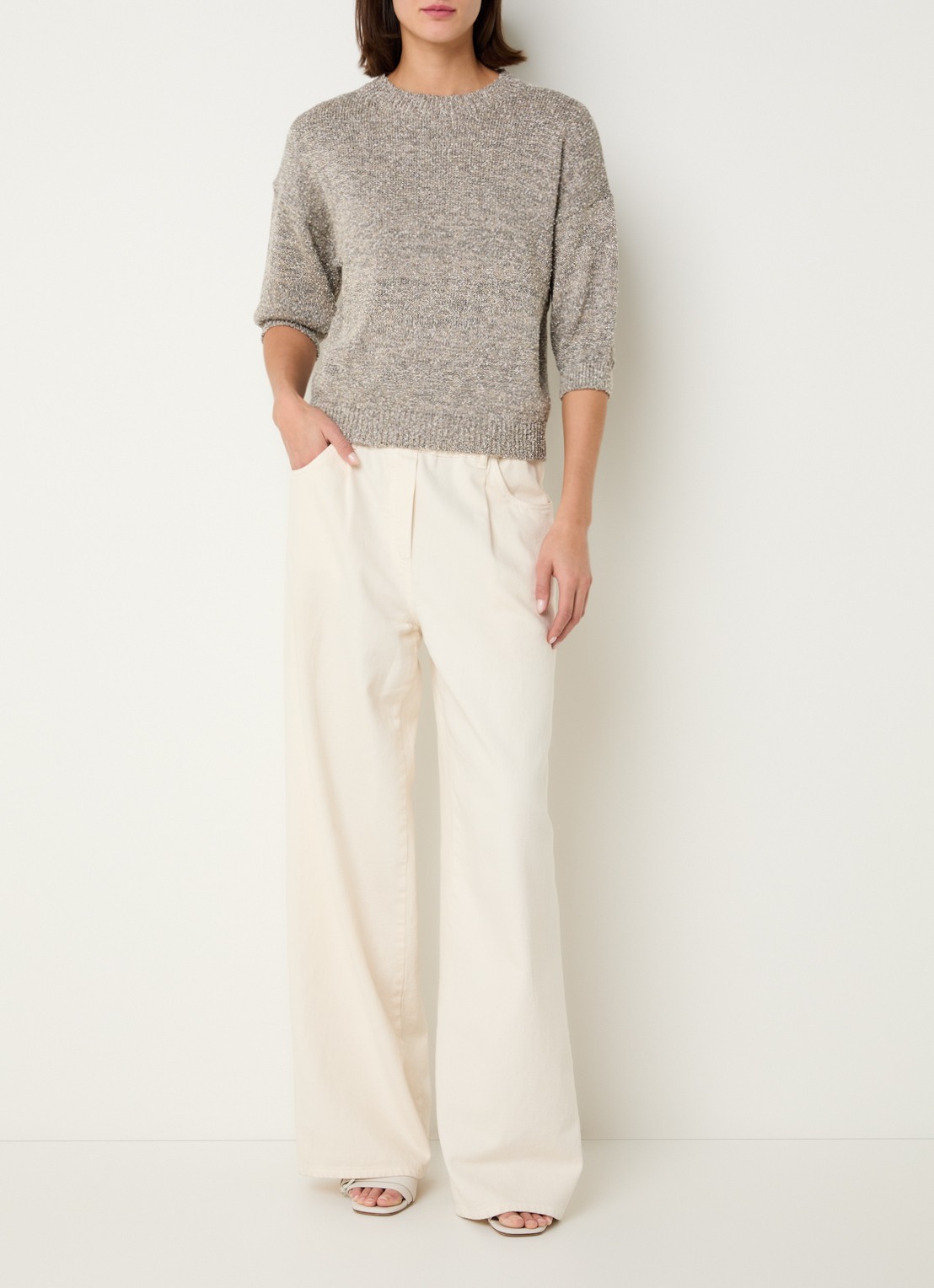 Knit-ted Clamance grofgebreide trui met lurex - voorkant 2 donkerbeige