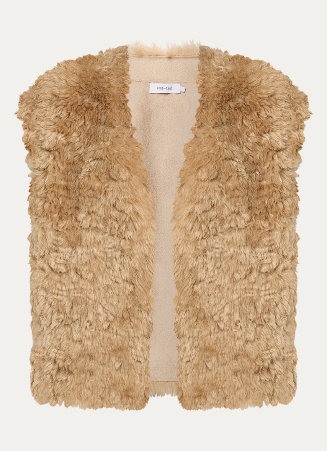Knit-ted Opal gilet van imitatiebont - voorkant 2 camel