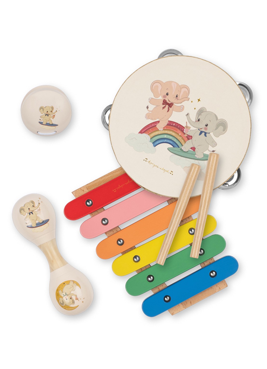 Konges Sløjd Elephant muziekinstrumenten set 4-delig - voorkant 2 grijs