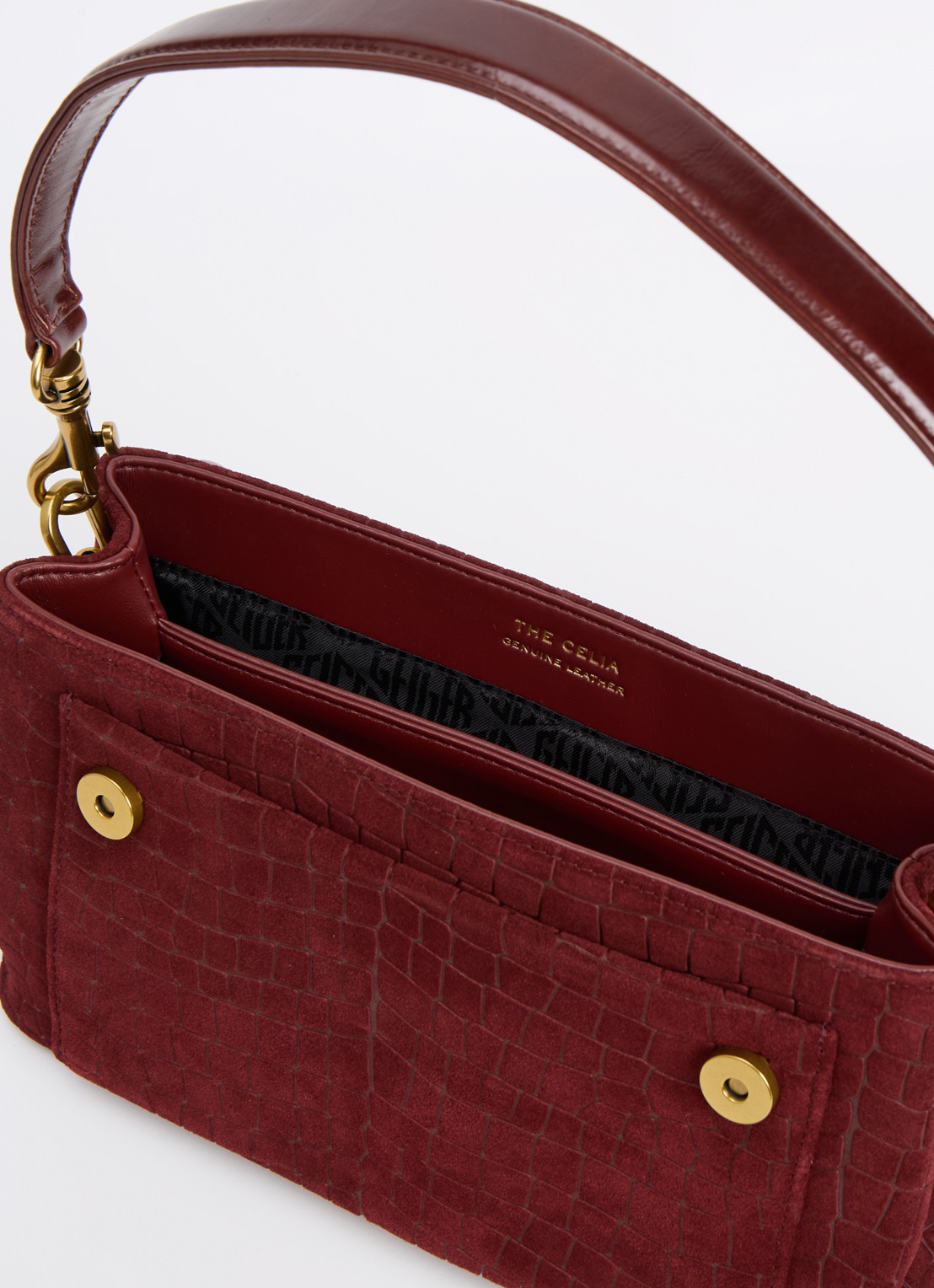 Kurt Geiger Celia schoudertas van suède met crocostructuur - detail 3 bordeauxrood