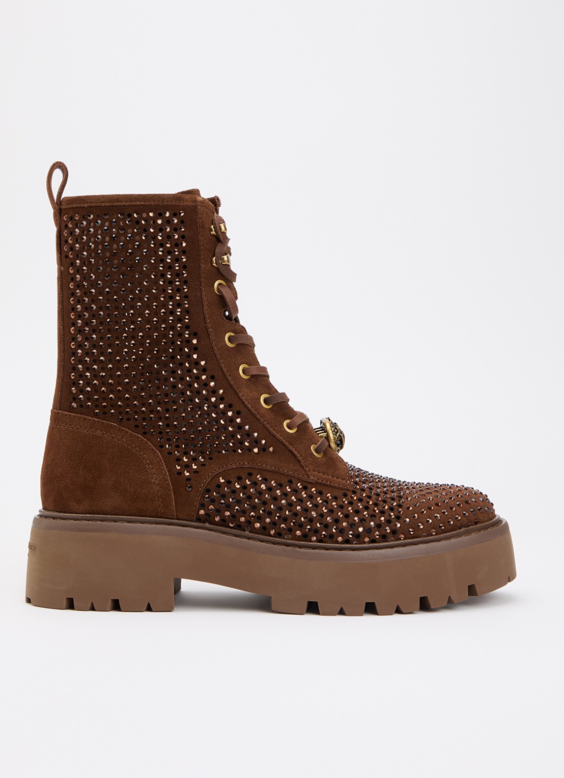 Kurt Geiger Chelsea veterboot van suède met strass - voorkant cognac