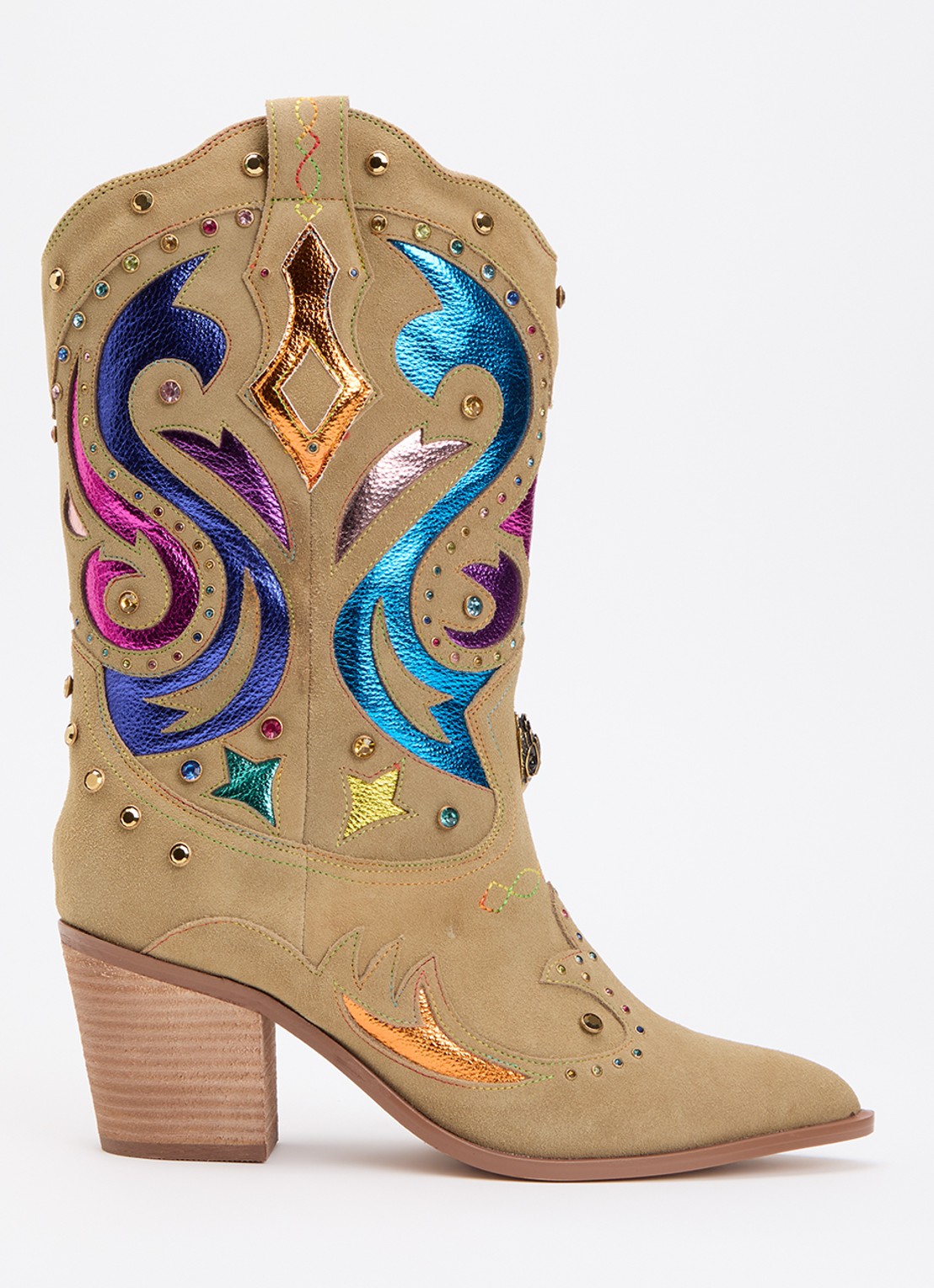 Kurt Geiger Kensington cowboylaars van suède met strass - voorkant 4 khaki