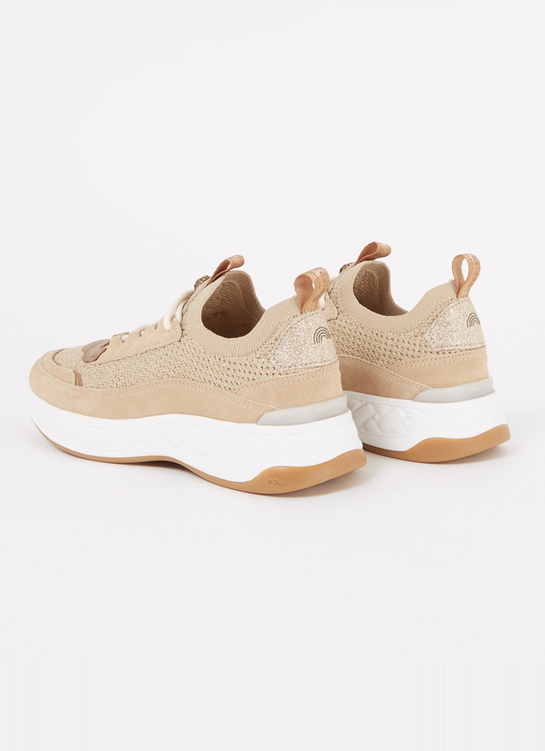 Kurt Geiger Kensington Knit sneaker met gebreid bovenwerk en suède details - achterkant camel