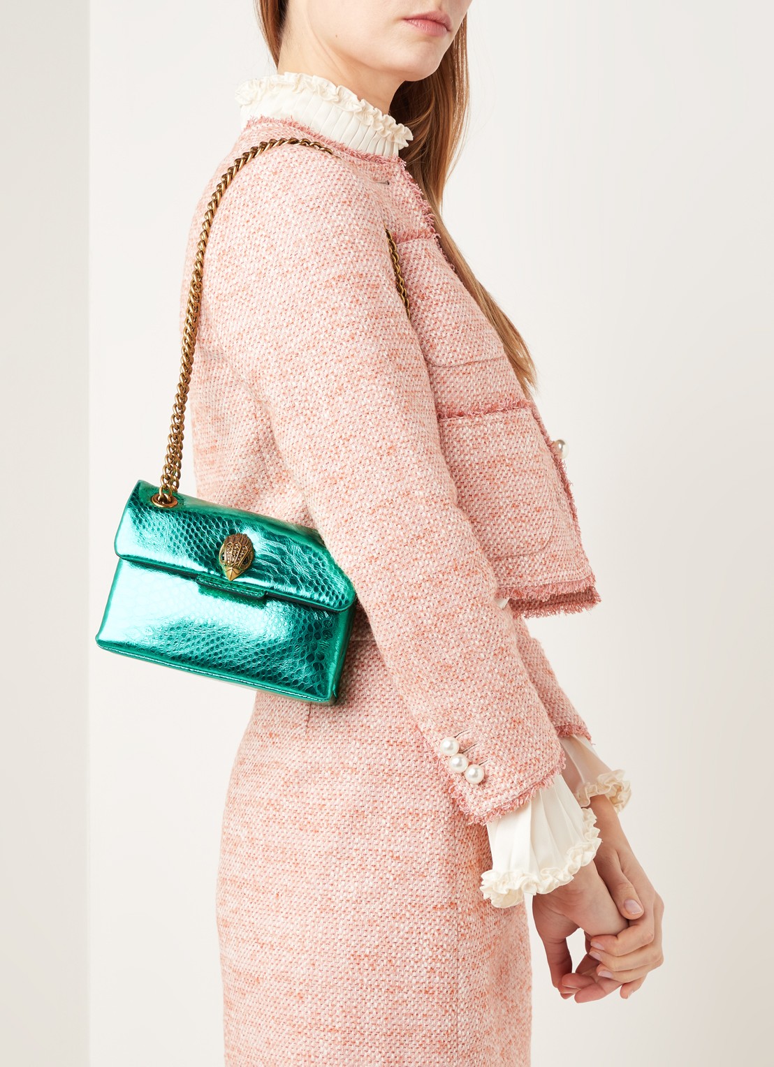 Kurt Geiger Kensington Mini X schoudertas van leer met metallic finish - voorkant 5 groen