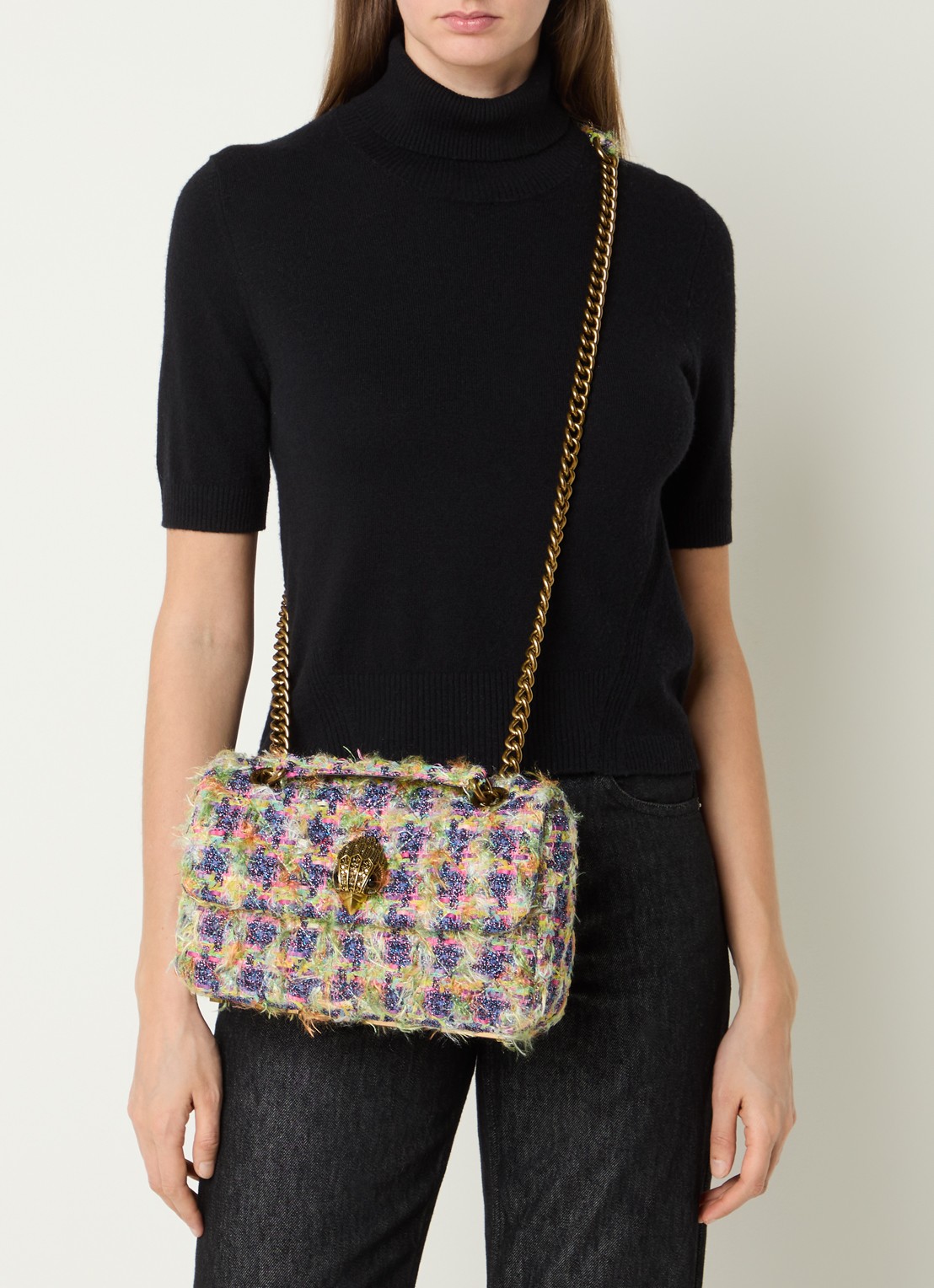 Kurt Geiger Kensington schoudertas met tweed-look en strass - voorkant 3 multicolor