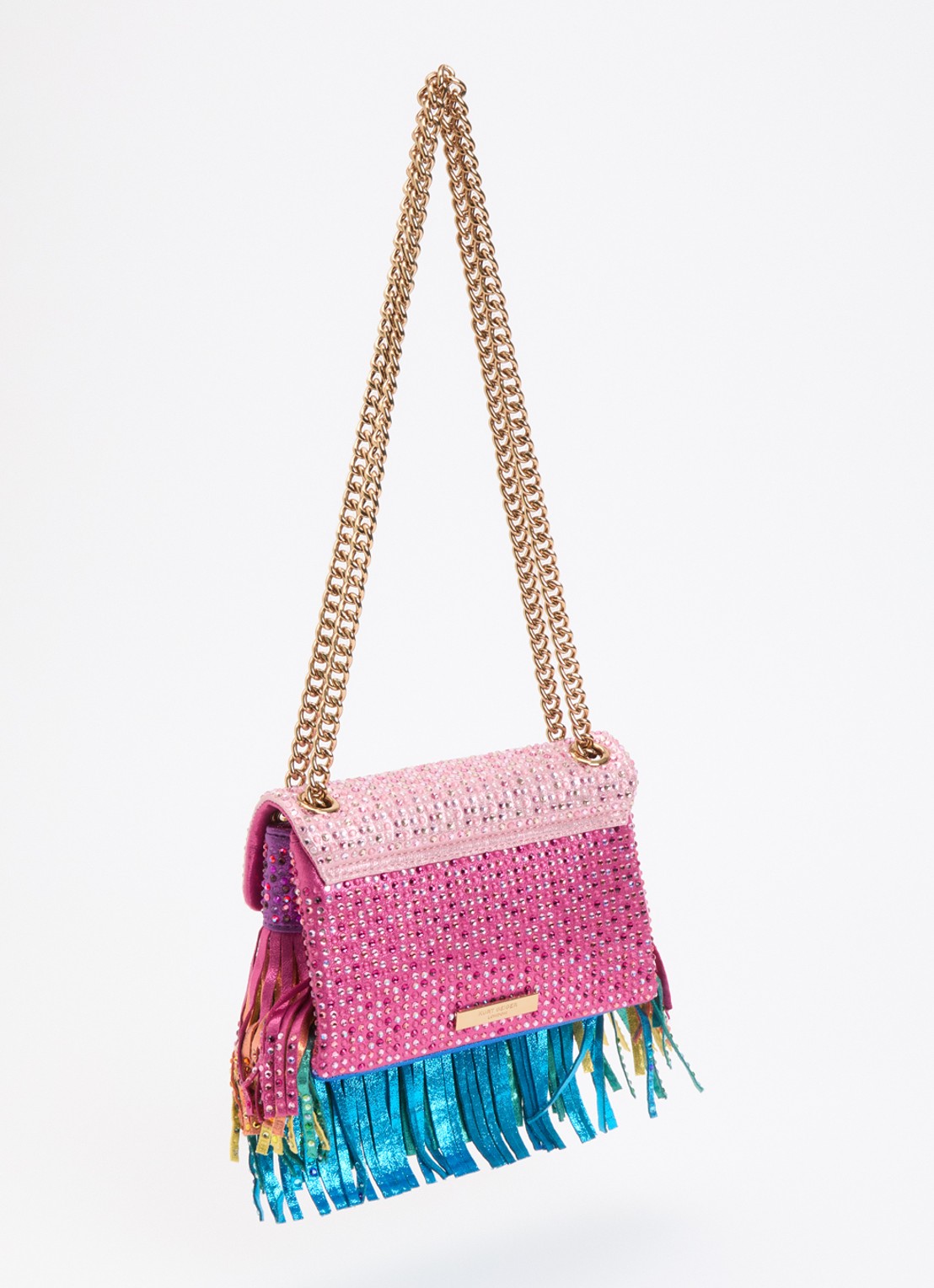 Kurt Geiger Mini Kensington Fringe schoudertas met strass en franjes - achterkant 2 roze