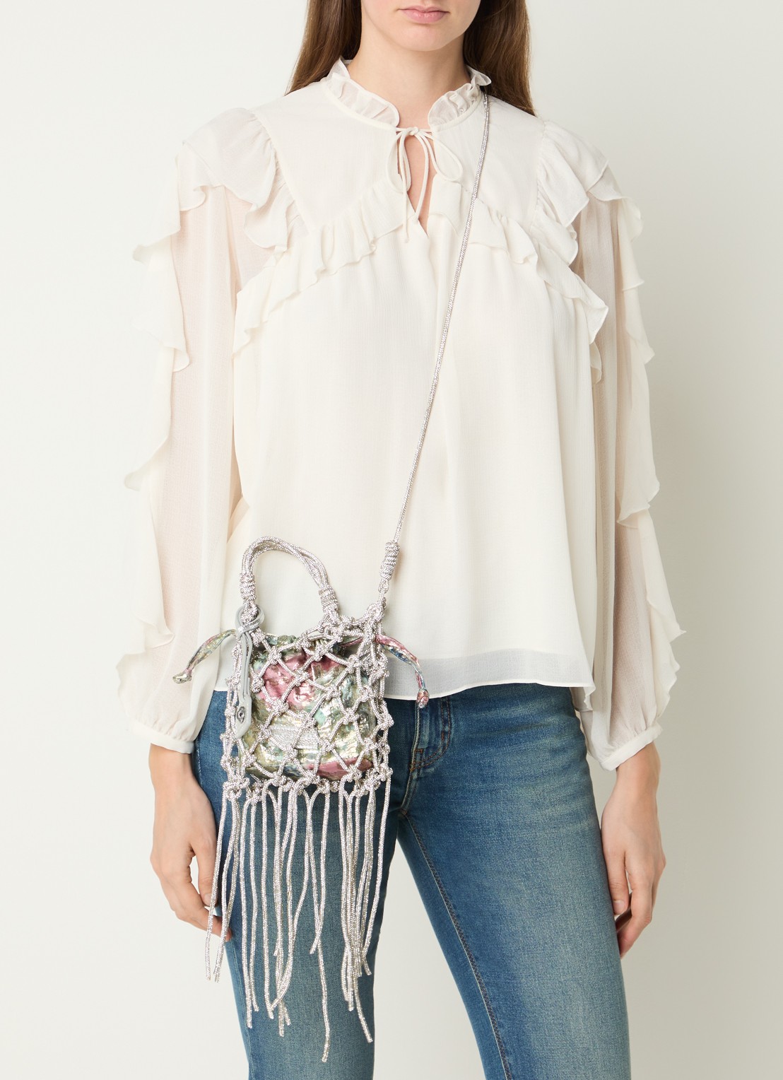 Kurt Geiger Mini Macrame crossbodytas met strass - voorkant 5 zilver