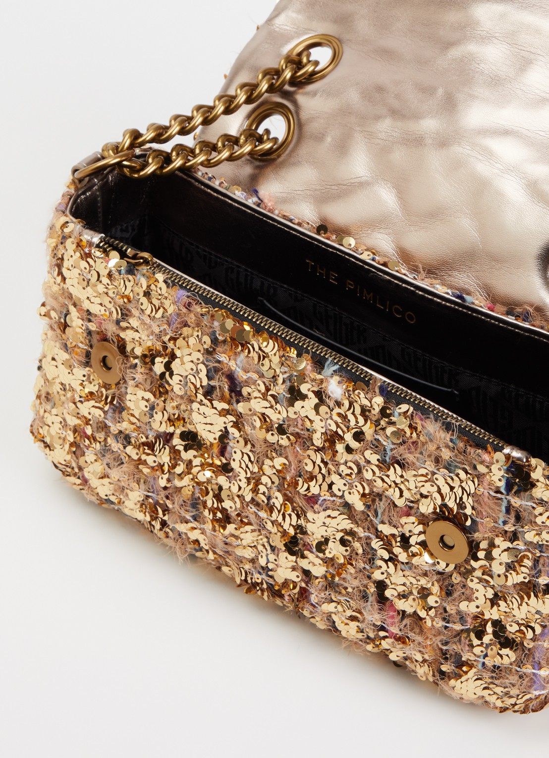 Kurt Geiger Pimlico schoudertas met pailletten - detail goud