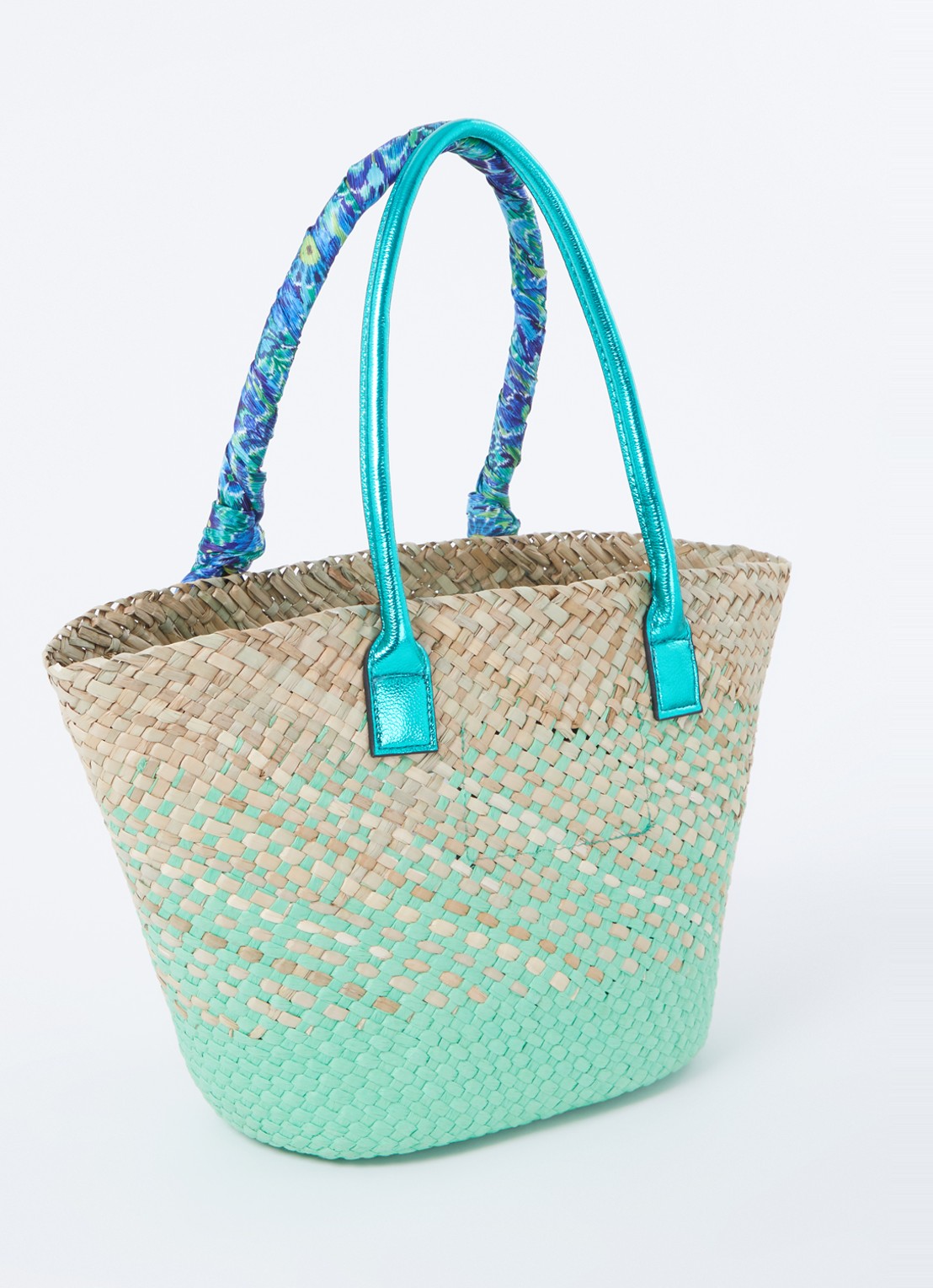 Kurt Geiger Shopper van raffia met leren details - achterkant turquoise
