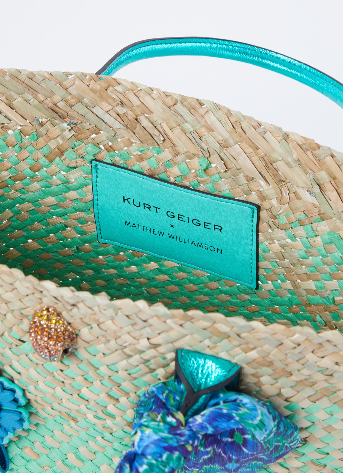 Kurt Geiger Shopper van raffia met leren details - detail 2 turquoise