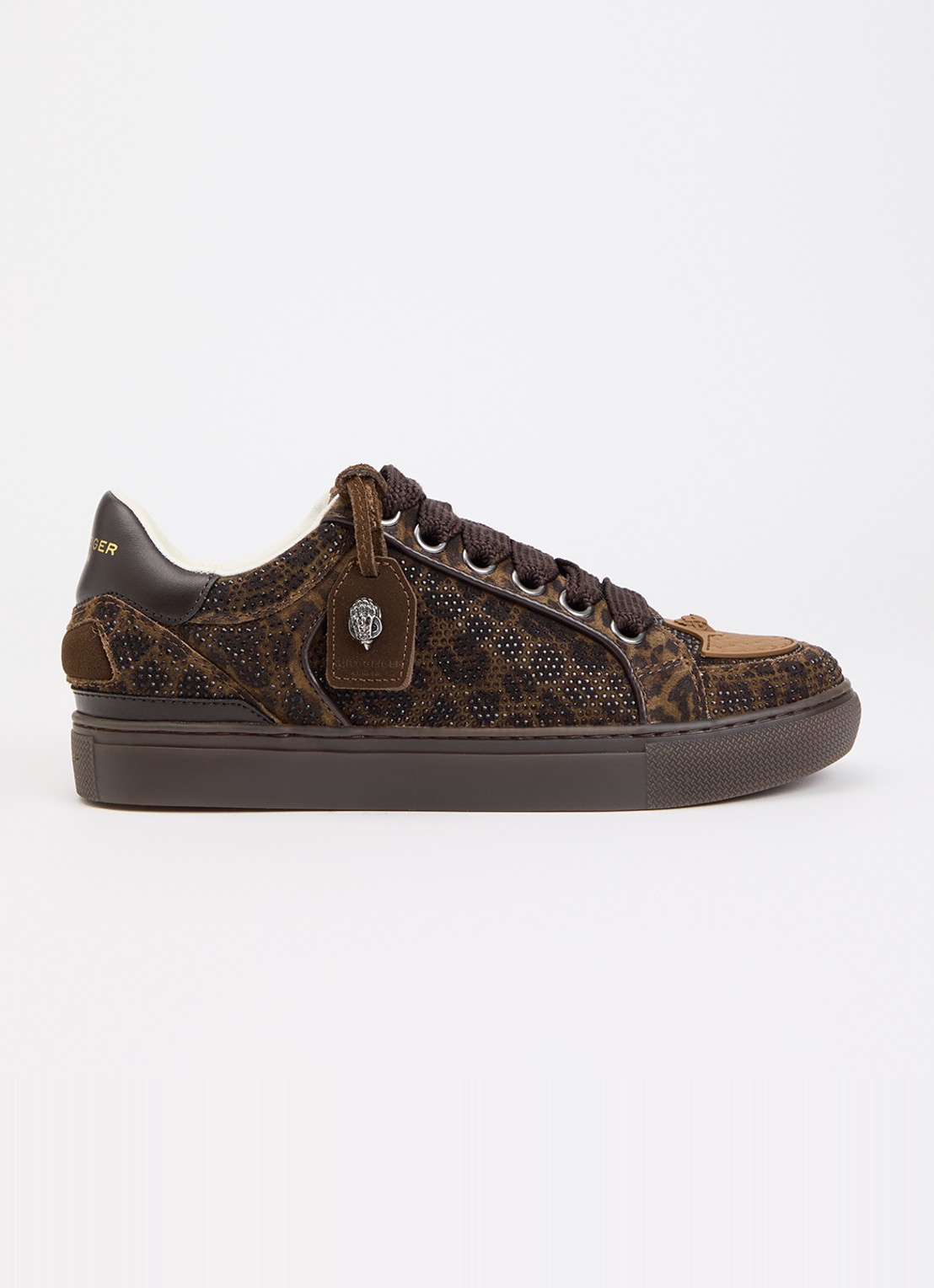 Kurt Geiger Southbank Tag sneaker van suède met panterprint en strass - voorkant 2 donkerbruin