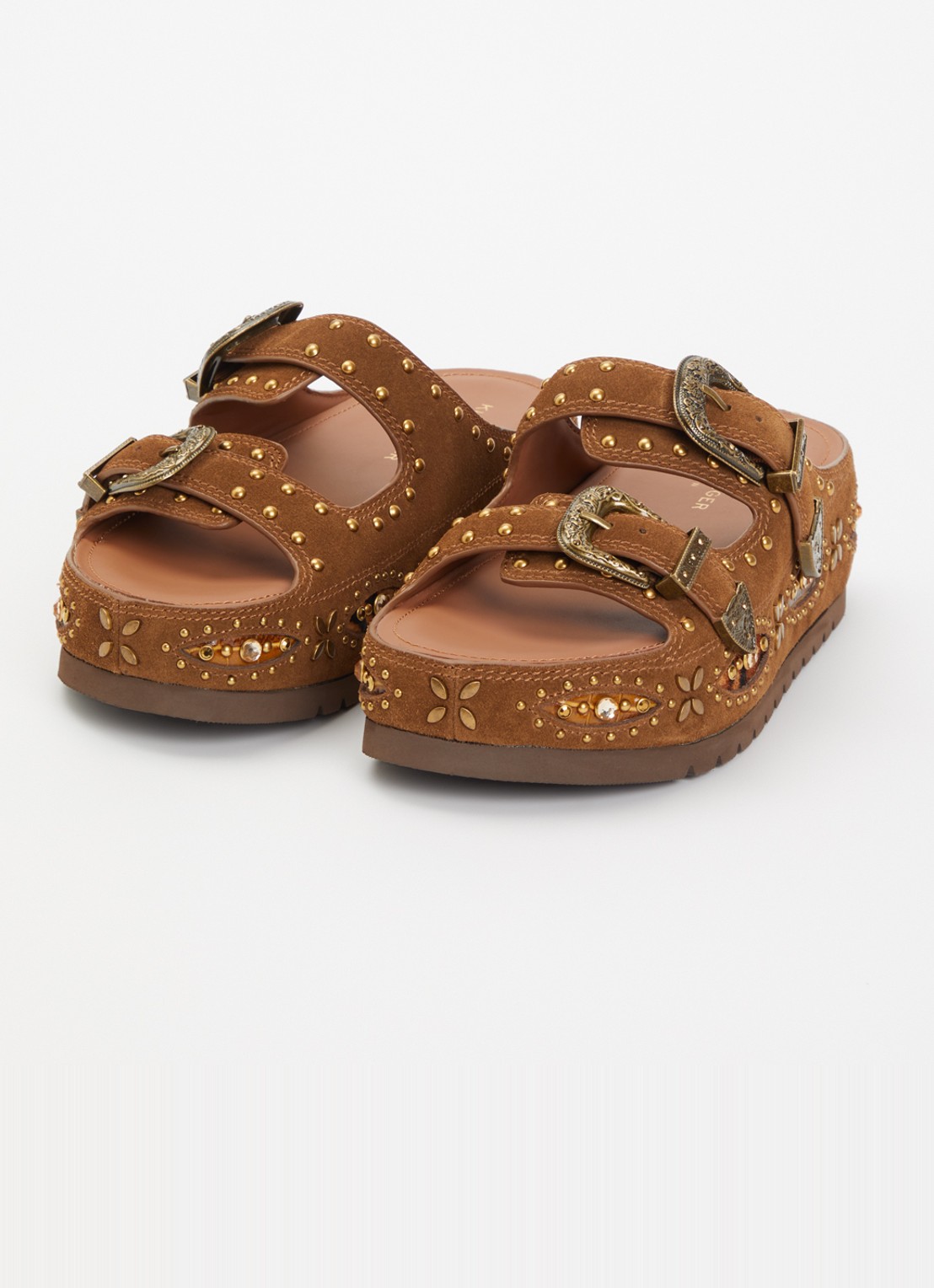 Kurt Geiger Western Buckle Flatform sandaal van suède met studs - detail 2 bruin