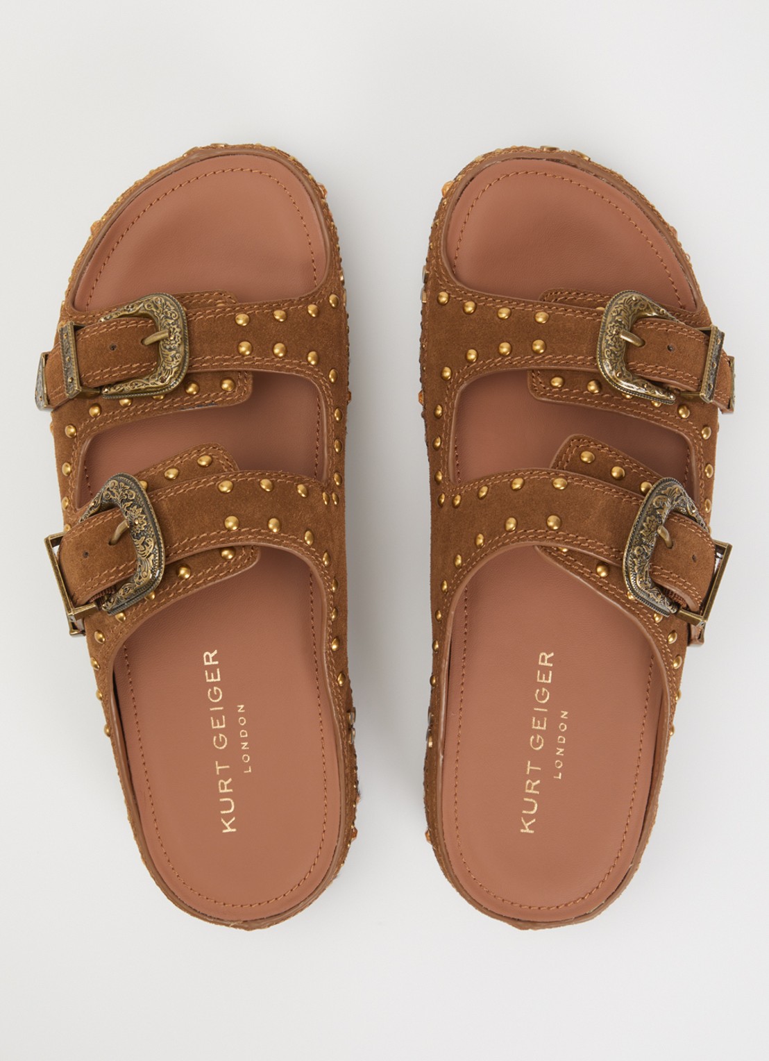 Kurt Geiger Western Buckle Flatform sandaal van suède met studs - detail 3 bruin