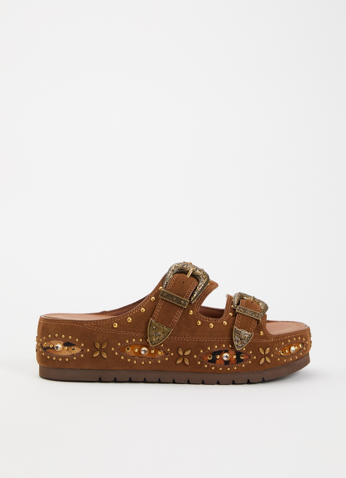 Kurt Geiger Western Buckle Flatform sandaal van suède met studs - voorkant bruin