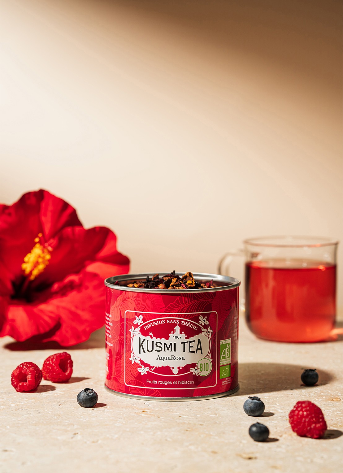 Kusmi Tea AquaRosa losse thee 100 gram - voorkant 7 donkerroze