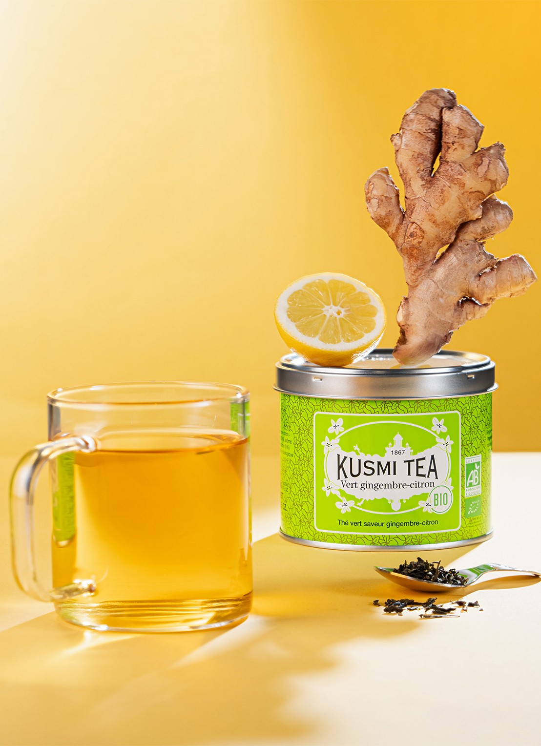 Kusmi Tea Green Ginger Lemon losse thee 100 gram - voorkant 2 groen