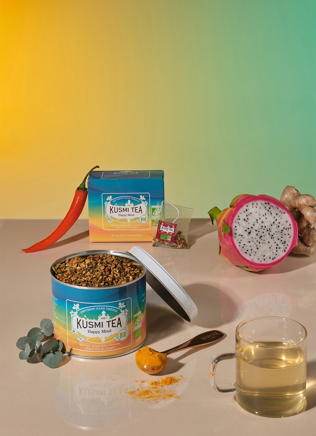 Kusmi Tea Happy Mind theezakjes 20 stuks - voorkant 3 beige