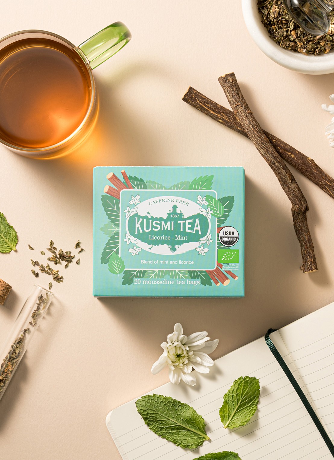 Kusmi Tea Licorice-Mint theezakjes 20 stuks - voorkant 2 beige