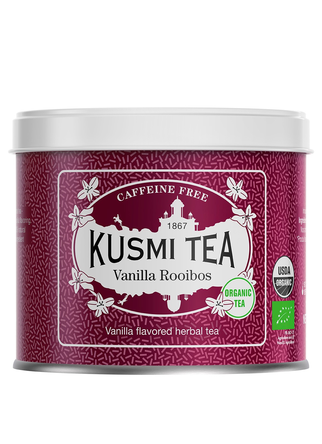 Kusmi Tea Rooibos Vanille losse thee 100 gram - voorkant 4 donkerroze