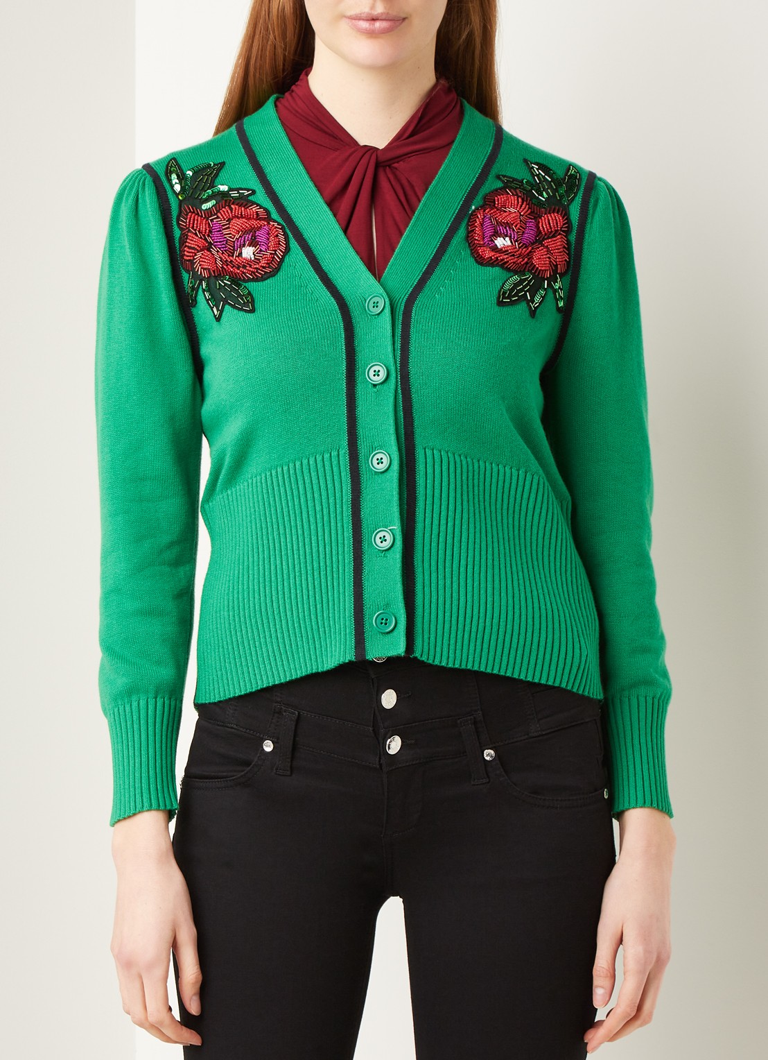 L.K.Bennett Elsie vest in wolblend met kralendecoratie - detail 3 groen
