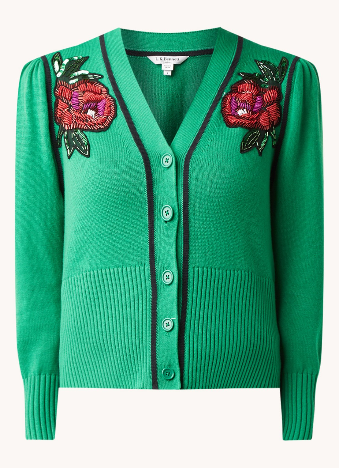 L.K.Bennett Elsie vest in wolblend met kralendecoratie - voorkant groen