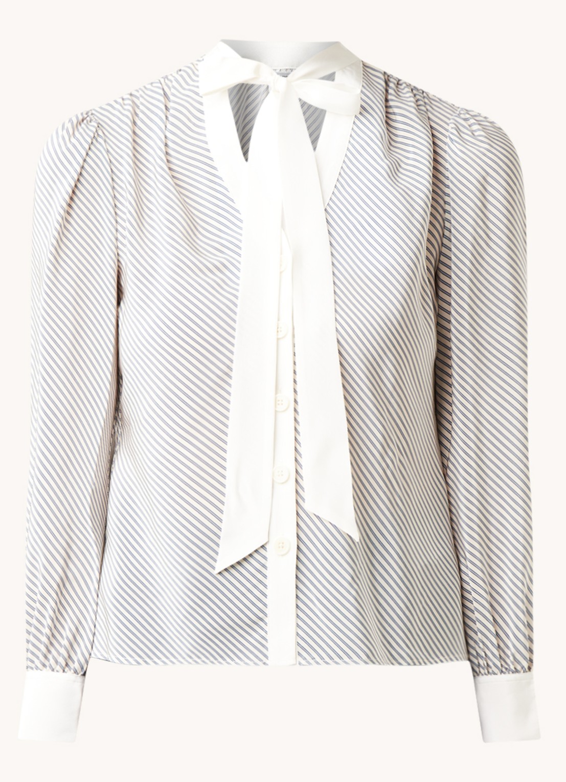 L.K.Bennett Georgia blouse van zijde met strikkraag en streepprint - voorkant gebroken wit