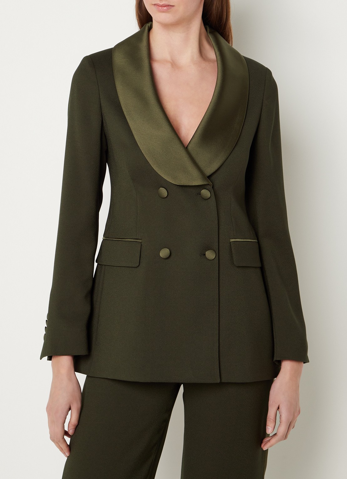 L.K.Bennett Jagger double-breasted blazer met details van satijn  - detail legergroen