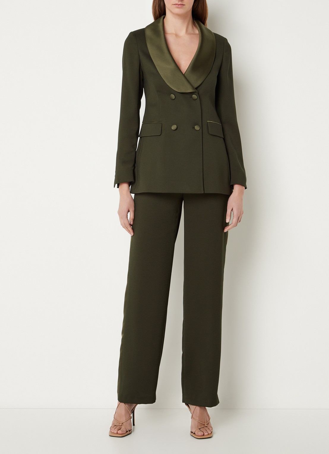 L.K.Bennett Jagger double-breasted blazer met details van satijn  - voorkant 3 legergroen