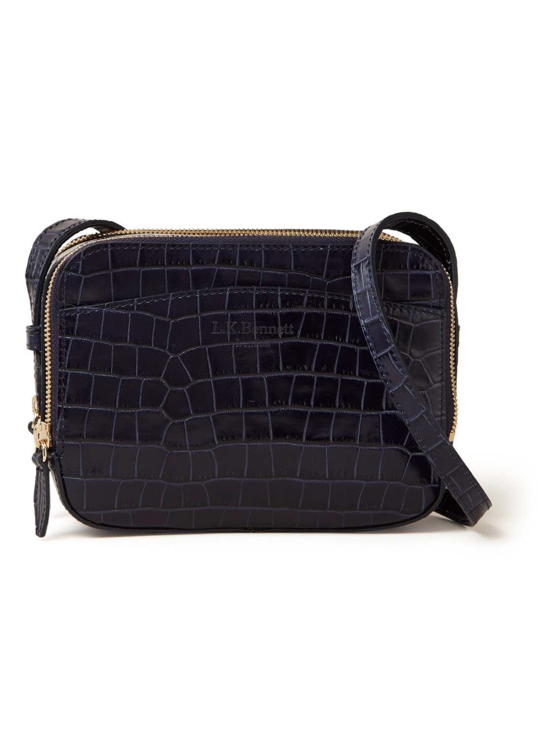 L.K.Bennett Mariel crossbodytas van kalfsleer met crocostructuur - voorkant donkerblauw