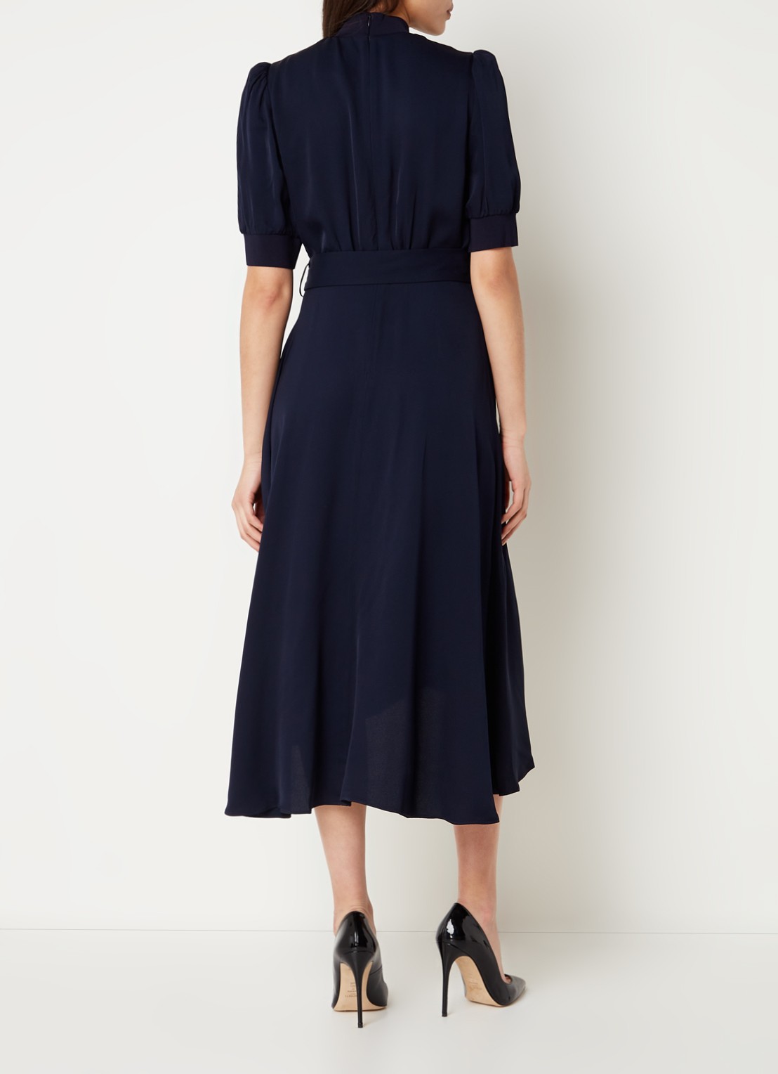 L.K.Bennett Violet midi jurk met pofmouw en ceintuur - achterkant 3 blauw