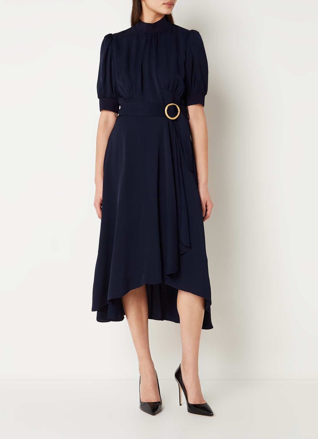 L.K.Bennett Violet midi jurk met pofmouw en ceintuur - detail 4 blauw