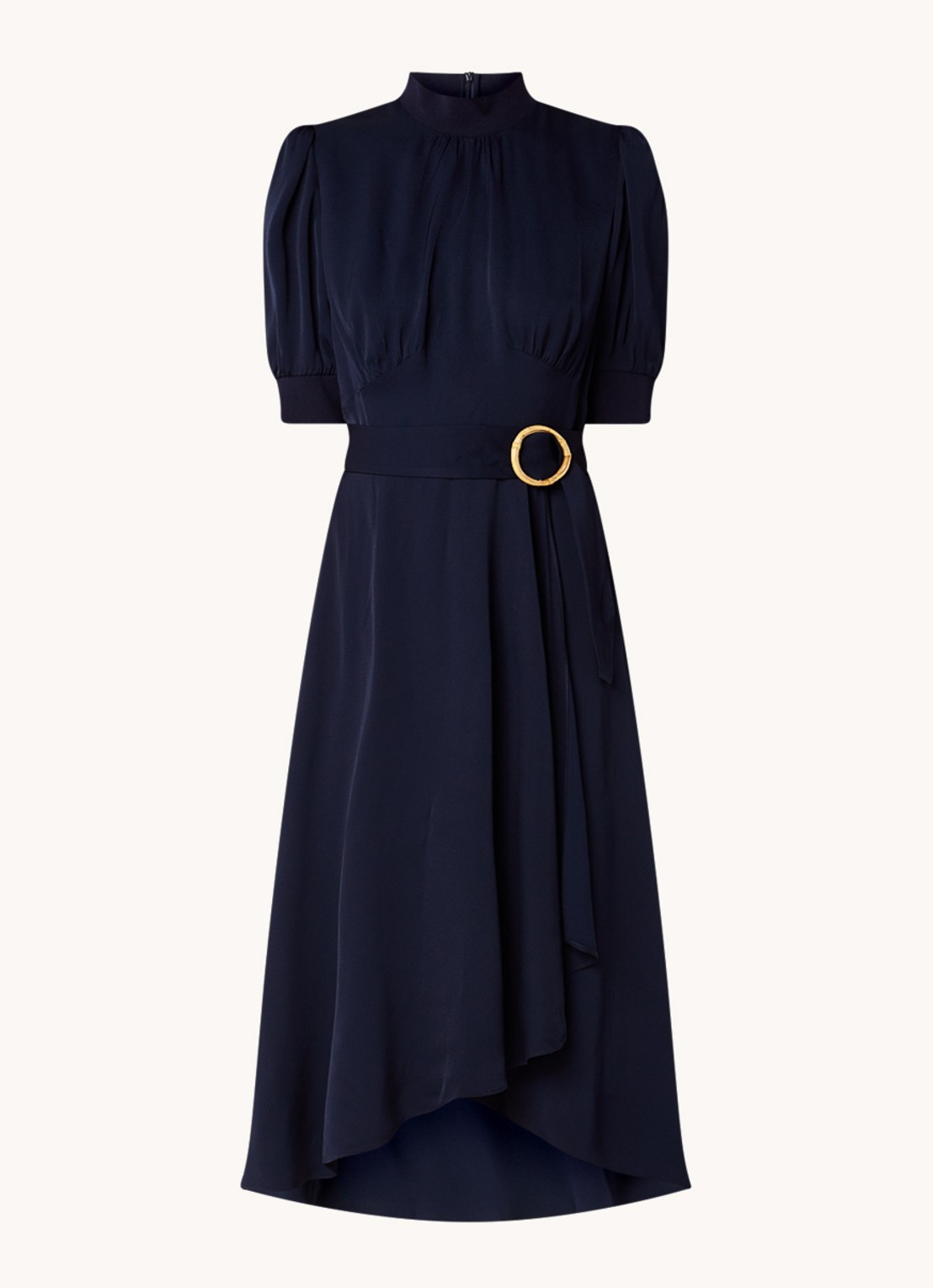 L.K.Bennett Violet midi jurk met pofmouw en ceintuur - voorkant blauw