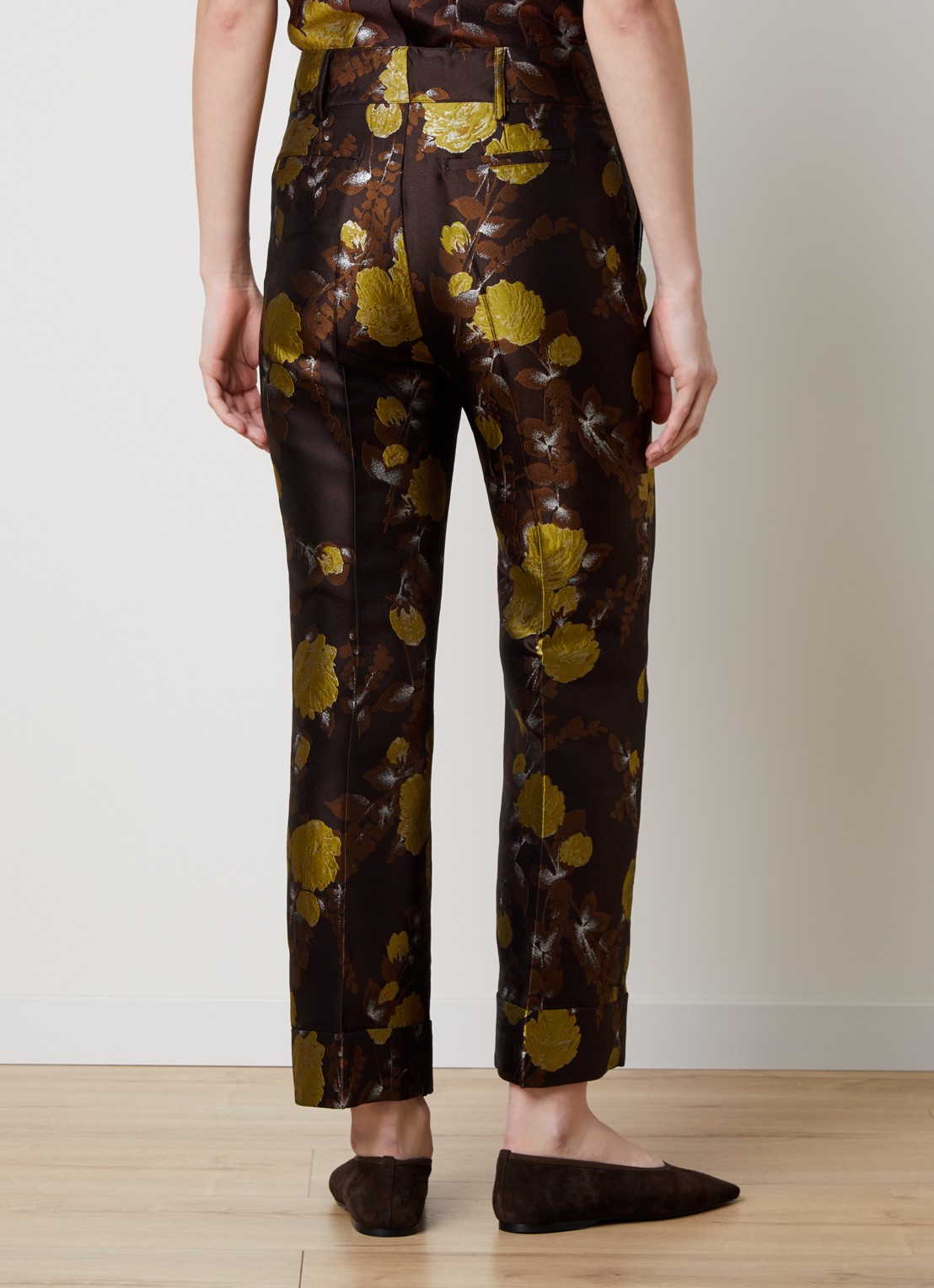 La DoubleJ Hendrix mid waist straight fit broek met ingebreide print - achterkant donkerbruin
