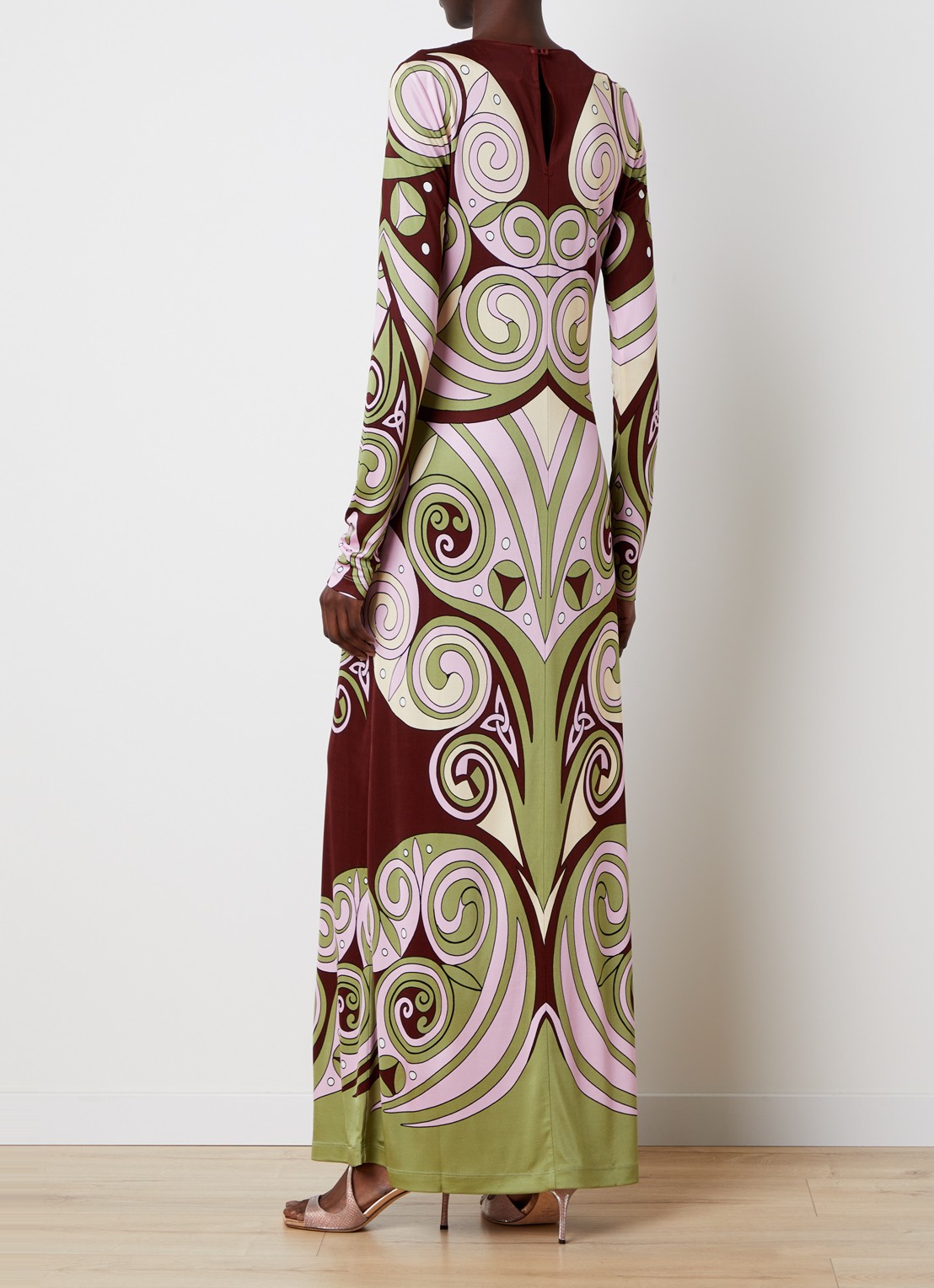 La DoubleJ Slinky Swing maxi jurk van jersey met print - achterkant 5 roodbruin