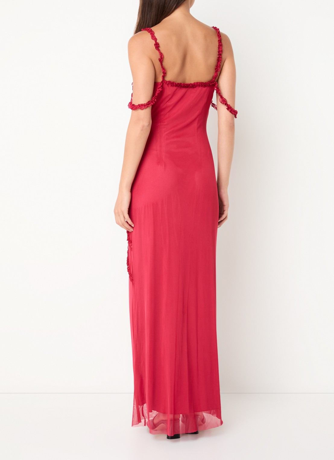 Laagam Arabella maxi jurk met ruches en split - achterkant 3 cranberryrood