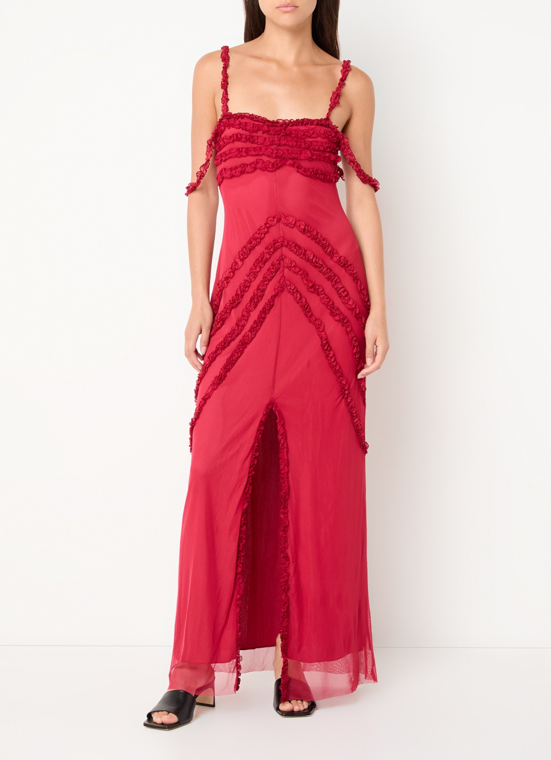 Laagam Arabella maxi jurk met ruches en split - detail 4 cranberryrood