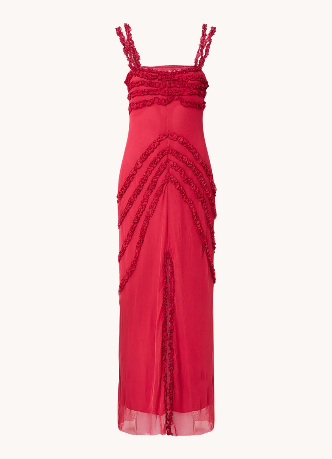 Laagam Arabella maxi jurk met ruches en split - voorkant cranberryrood