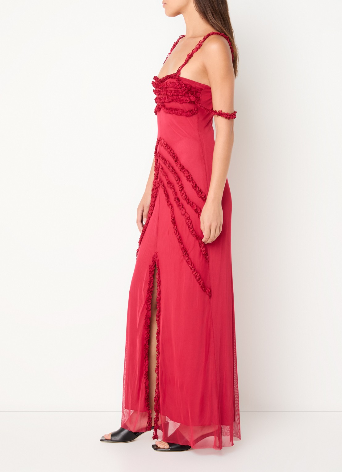 Laagam Arabella maxi jurk met ruches en split - voorkant 2 cranberryrood