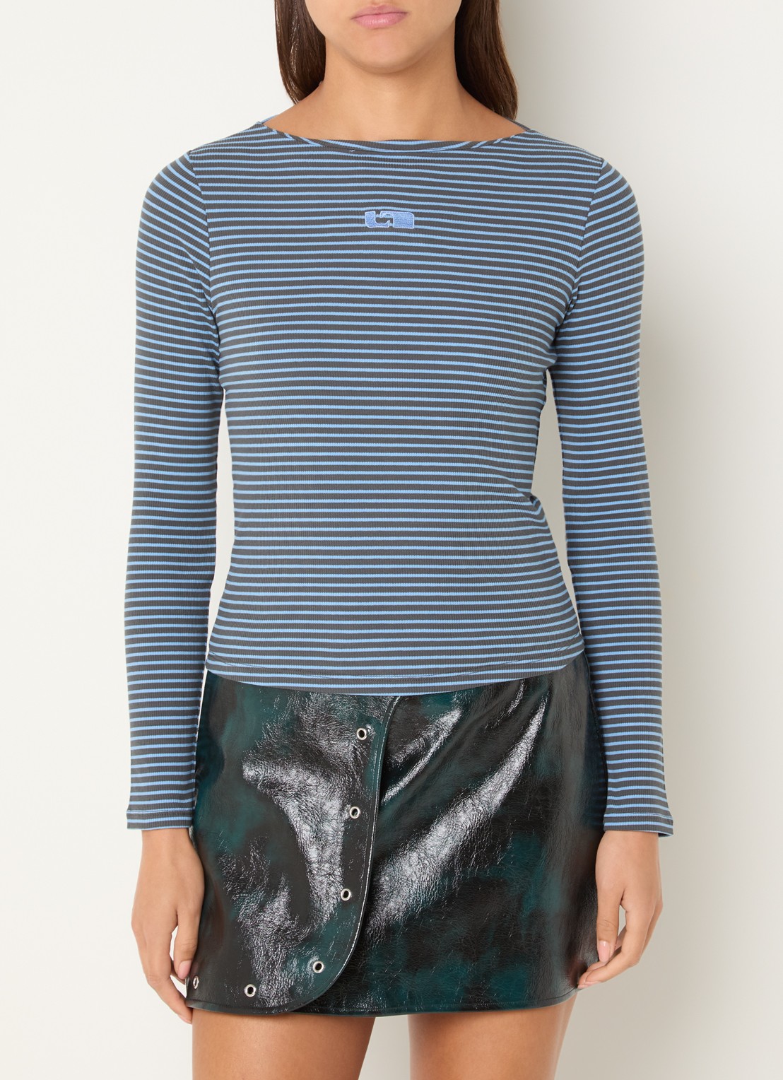 Laagam Emory longsleeve met logo en streepprint - detail 4 blauwgrijs